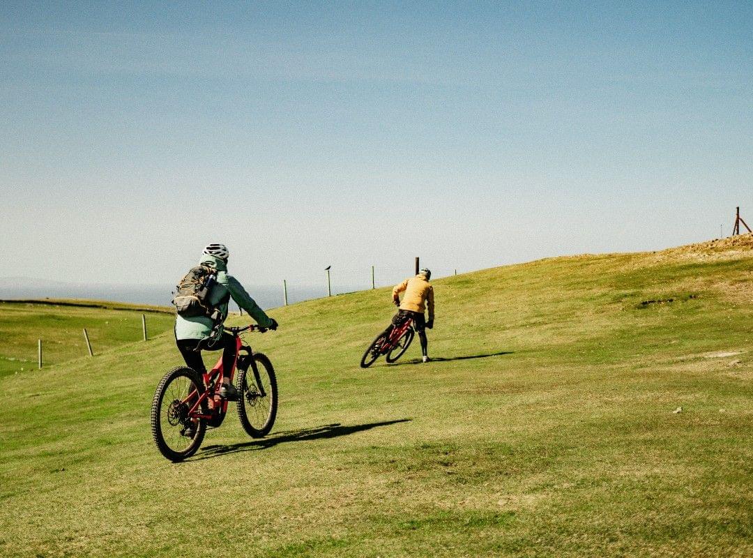 Two mountain bikers riding outdoors on grass