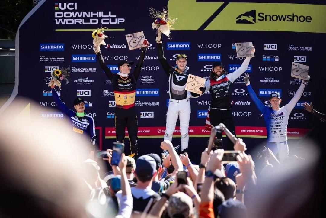 Oisin O'Callaghan and Ronan Dunne on the UCI DH World Cup podium in Showshoe USA